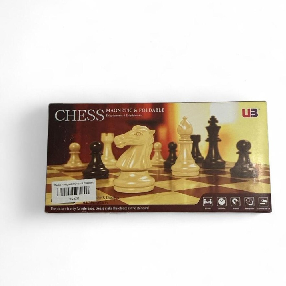 UB Chess Checkers Set Small Black Silver New Magnetic Foldable Travel